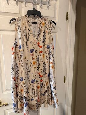 SHEIN Cream Floral Sleeveless Ruffle-Hem Dress